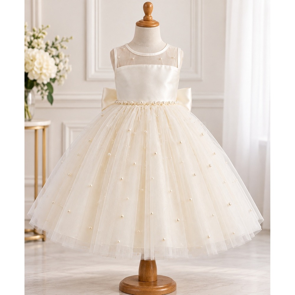 Cinderella Girls Ivory Pearl Tulle Flower Girl Dress Bow Size 2T